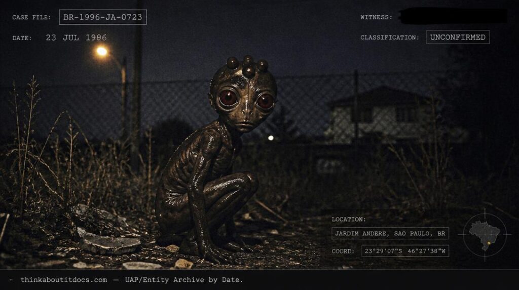 Period-accurate dossier-style illustration of the 1996 Varginha, Brazil entity crouched in a vacant urban lot