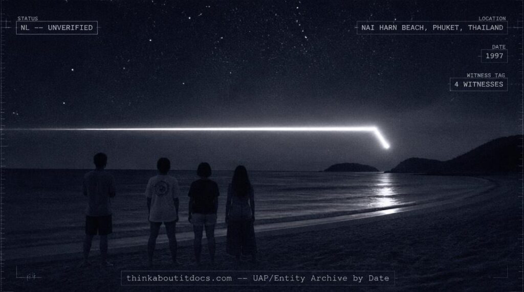 An intensely bright white light streaking across the ocean horizon at Nai Harn Beach, Phuket, Thailand in 1997
