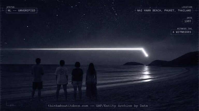 An intensely bright white light streaking across the ocean horizon at Nai Harn Beach, Phuket, Thailand in 1997
