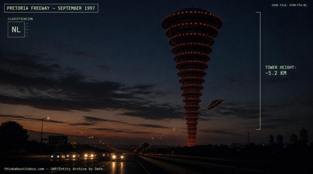 Illustration of the immense, conically tapered tower of glowing reddish discs reported over a freeway near Pretoria, South Africa in September 1997