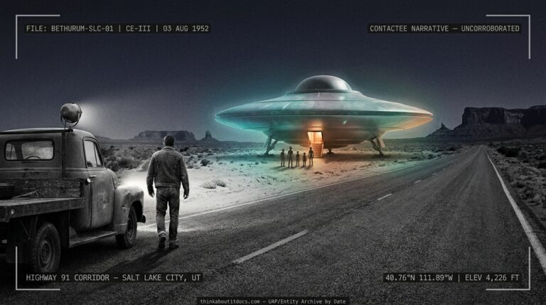 Reconstruction of Truman Bethurum's 1952 contactee encounter near Salt Lake City showing a color-cycling disc-shaped craft hovering over desert terrain along Highway 91 at night with small humanoid figures near an open doorway.