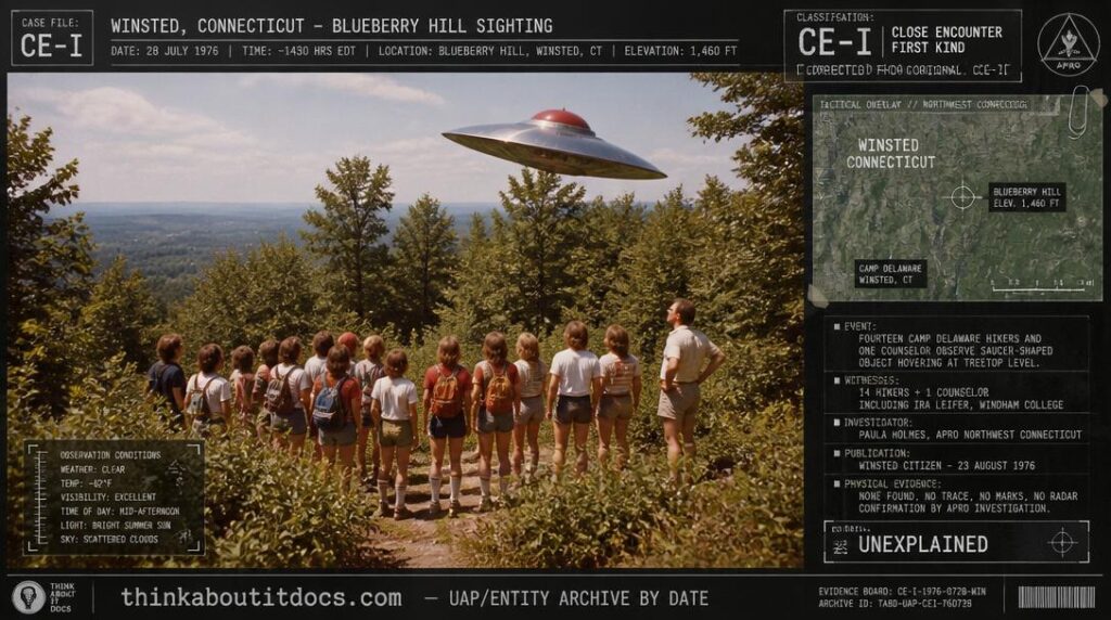 Intelligence-dossier reconstruction of the July 28 1976 Winsted Connecticut Blueberry Hill sighting showing a silvery metallic saucer with red dome hovering at treetop level above a wooded New England hilltop while approximately fourteen young hikers and an adult counselor look upward from a trail below in bright July afternoon sunlight