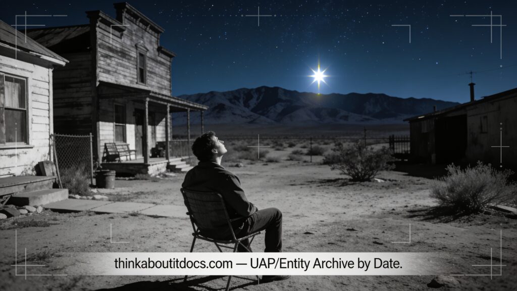 Dossier-style illustration of the 2000 Randsburg, California sighting showing a person in a desert backyard watching an unusually bright star-like light in the southeastern sky