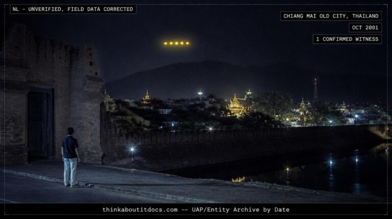 Five brilliant yellow orbs of light hovering in formation over Chiang Mai Province, Thailand at night, October 2001