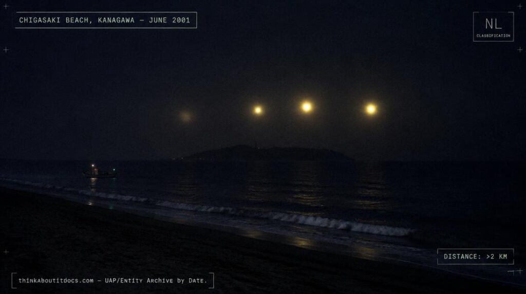 Illustration of the large, bright yellowish lights reported hovering over the sea beyond an offshore island at Chigasaki Beach, Kanagawa, Japan in June 2001