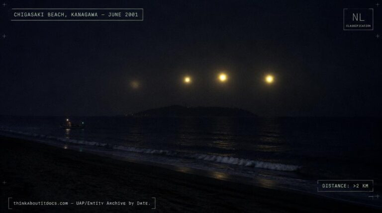 Illustration of the large, bright yellowish lights reported hovering over the sea beyond an offshore island at Chigasaki Beach, Kanagawa, Japan in June 2001