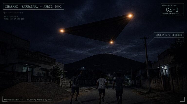 Illustration of the silent triangular craft with three corner lights reported low over a residential street in Dharwad, Karnataka, India in 2001