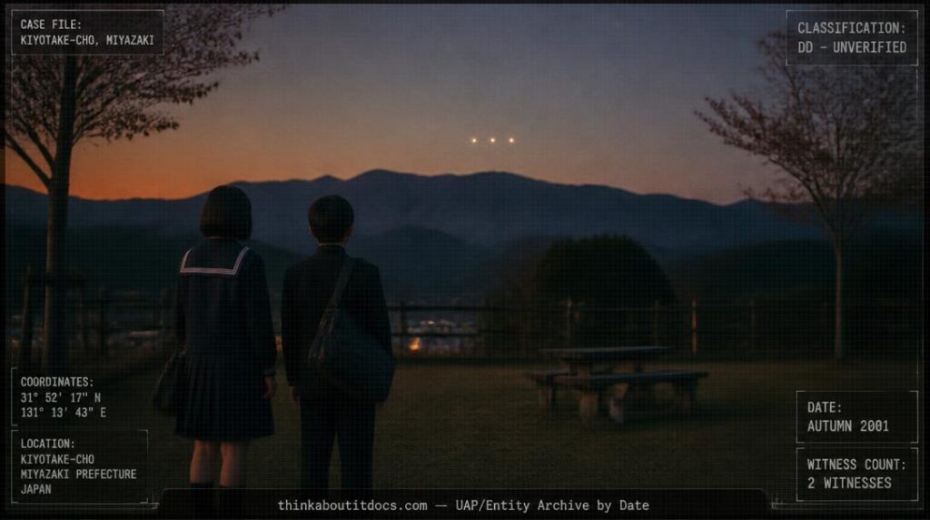 Three motionless horizontal lights over a rural mountain ridge at dusk in Kiyotake-cho, Miyazaki, Japan, 2001