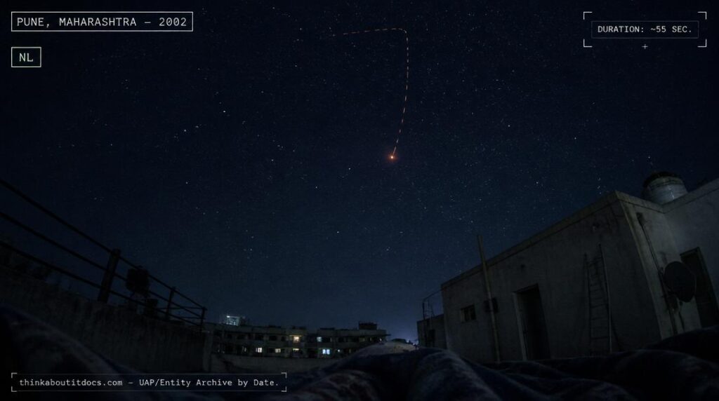 Illustration of the small, bright orange round object reported climbing toward the zenith before turning sharply over Pune, Maharashtra, India in 2002
