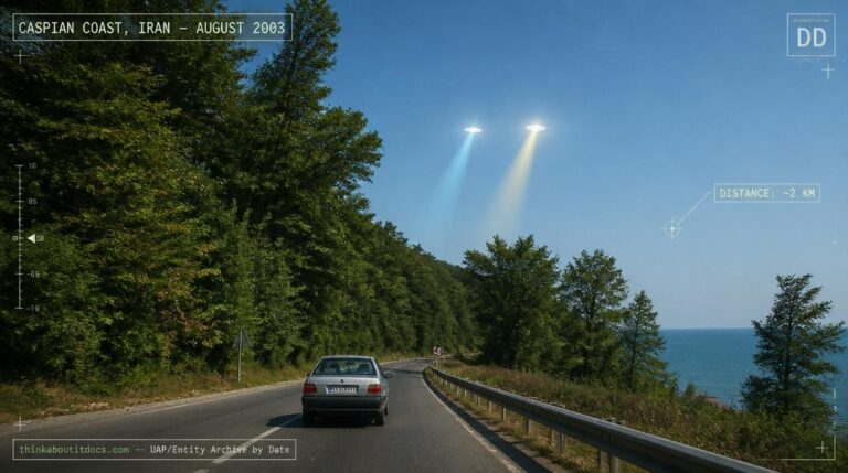 Illustration of the two oval white lights with blue and yellow beams reported hovering near a forest along Iran's Caspian coast road in August 2003