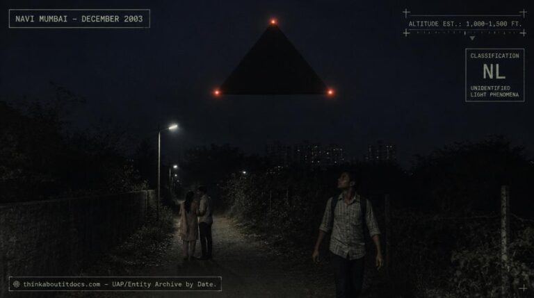 Illustration of the large, silent, stationary triangular UFO with three bright corner lights reported over Navi Mumbai, India in December 2003