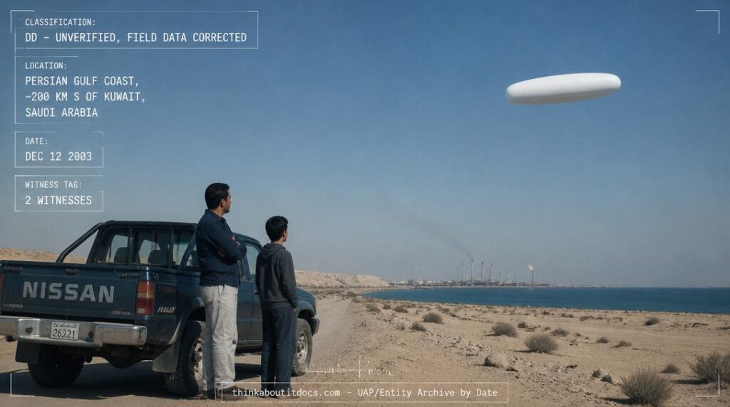 A white, capsule-shaped object with no windows hovering over the desert near Safaniya, Saudi Arabia, December 2003