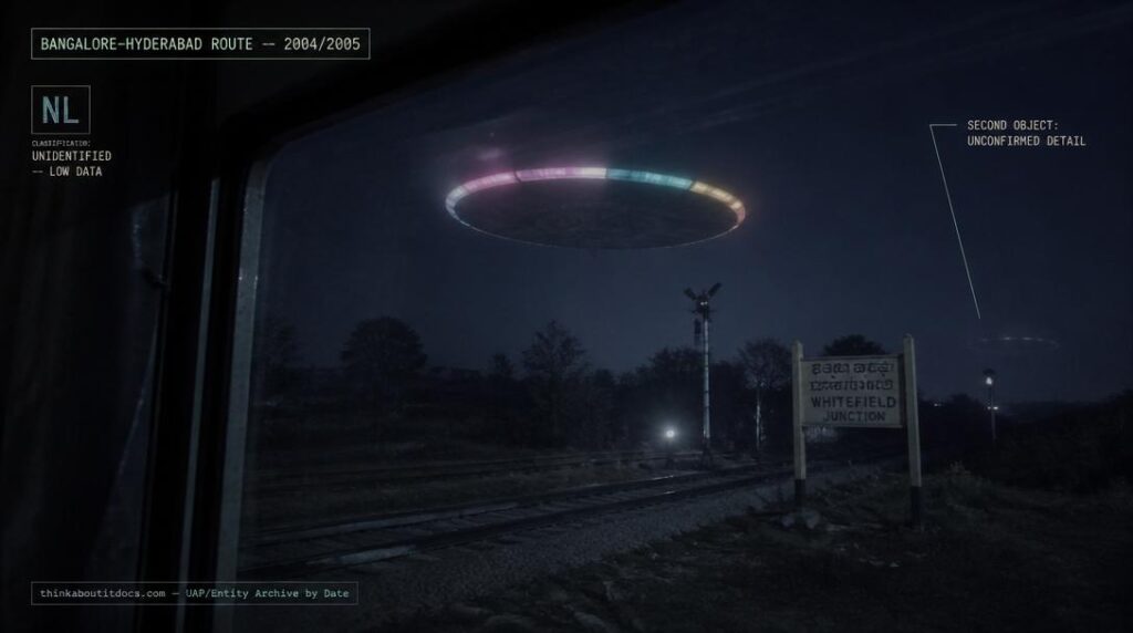 Illustration of the rotating, color-changing circular UFO with a second similar object reported near a rural railway junction between Bangalore and Hyderabad, India