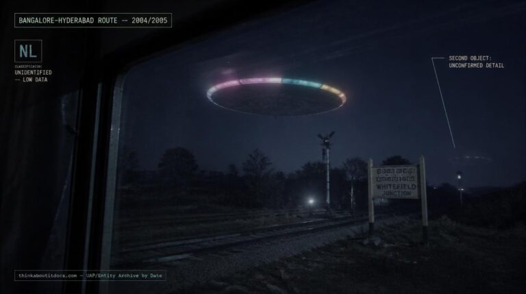 Illustration of the rotating, color-changing circular UFO with a second similar object reported near a rural railway junction between Bangalore and Hyderabad, India