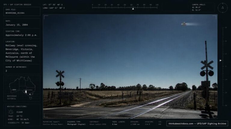 Illustration of the 2004 Beveridge, Victoria UFO photograph showing a small round object streaking past above a railway level crossing