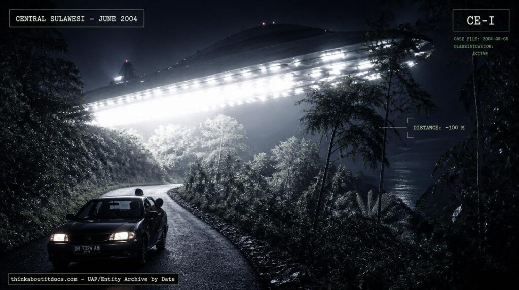 Illustration of the enormous, silent craft with intensely bright rows of lights reported hovering over a jungle mining road in Central Sulawesi, Indonesia in 2004