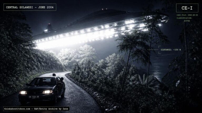 Illustration of the enormous, silent craft with intensely bright rows of lights reported hovering over a jungle mining road in Central Sulawesi, Indonesia in 2004