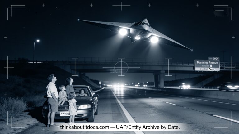 Dossier-style illustration of the 2004 Interstate 5, California sighting showing a delta-winged triangular aircraft with three bright halogen lights diving low over freeway traffic at night