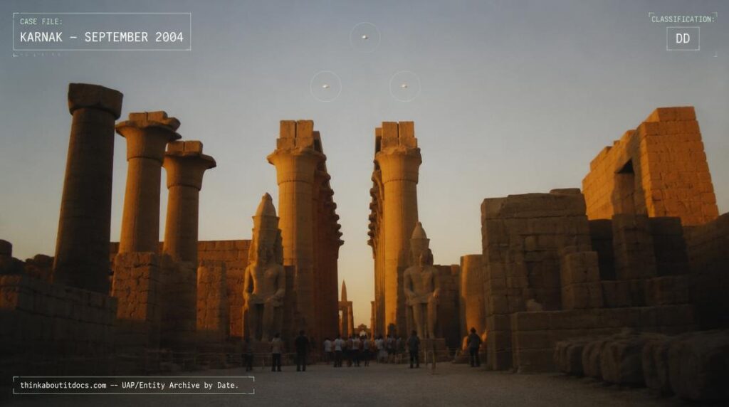 Illustration of three unidentified objects photographed in the sky above Karnak Temple, Luxor, Egypt in September 2004