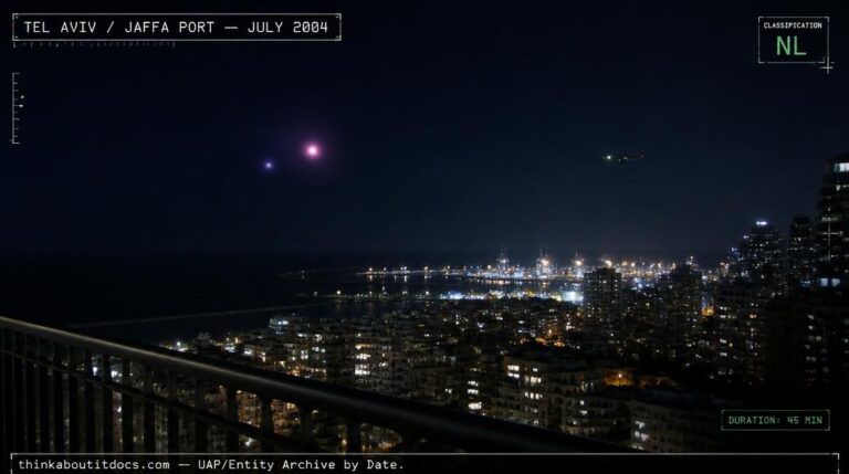 Illustration of the pale pink and blue lights reported appearing and disappearing over Jaffa Port, Tel Aviv, Israel in July 2004