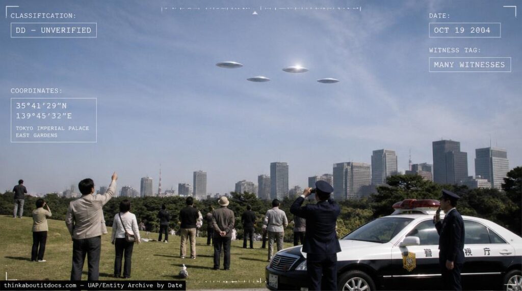 Four identical silver discs in trapezoid formation over Tokyo's Imperial Palace gardens in daylight, October 2004
