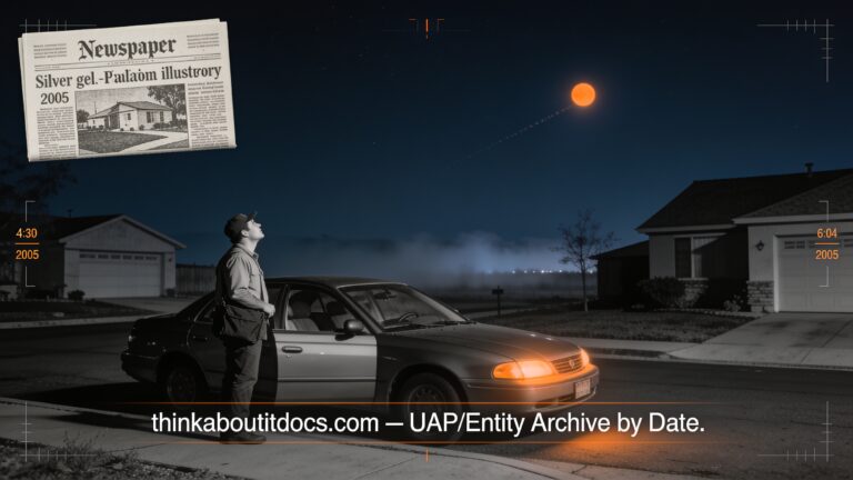 Dossier-style illustration of the 2005 Fresno, California sighting showing a newspaper delivery driver watching a small orange glowing object cross the pre-dawn sky