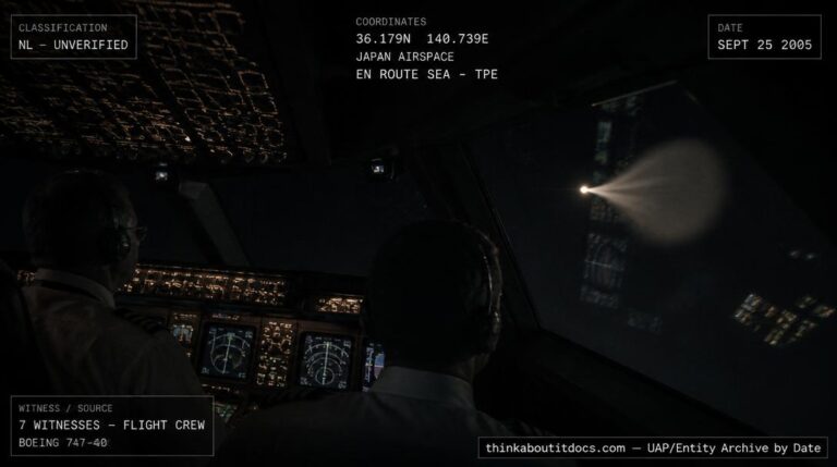 A stationary fireball with an expanding white contrail seen from a 747 cockpit over Japan airspace at night, September 2005