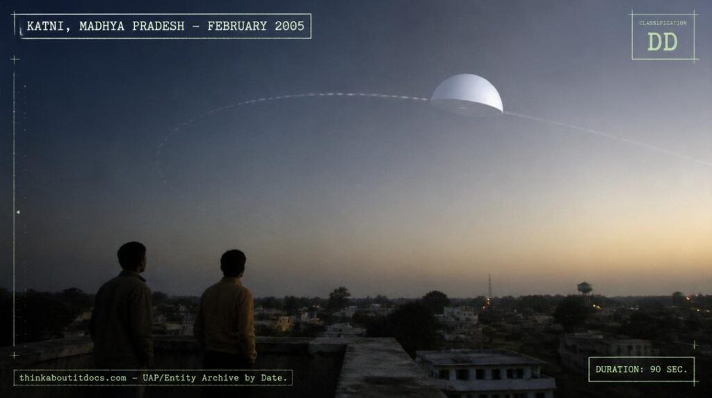 Illustration of the large white hemispherical UFO reported tracing a curved path at dawn over Katni, Madhya Pradesh, India in February 2005