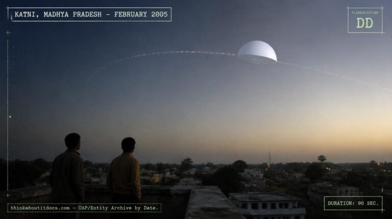 Illustration of the large white hemispherical UFO reported tracing a curved path at dawn over Katni, Madhya Pradesh, India in February 2005
