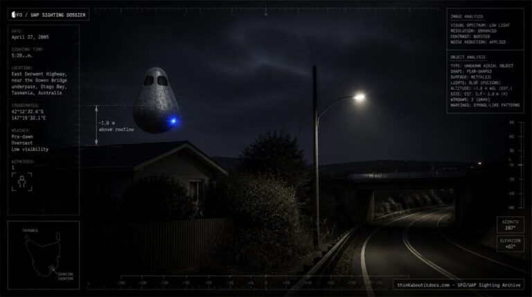 Illustration of the 2005 Otago Bay, Tasmania UFO sighting showing a silver pear-shaped object with a flashing blue light hovering above a roadside house before dawn