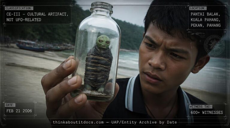 A small greenish, red-eyed figure wrapped in black cloth inside a glass bottle found on a beach in Kuala Pahang, Malaysia, February 2006