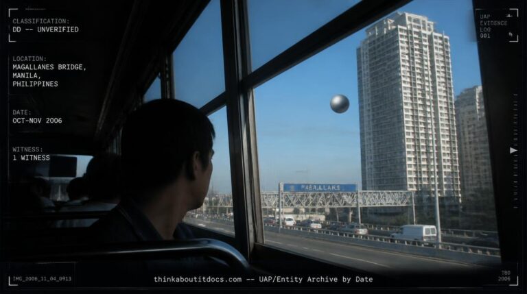 A stationary metallic sphere hovering beside a building near Magallanes Bridge, Manila, Philippines, 2006