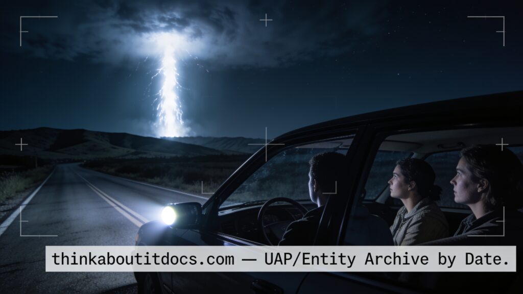 Dossier-style illustration of the 2006 Roseville/Rocklin, California sighting showing three people in a car watching a large bright white flash of light fall from the sky at night