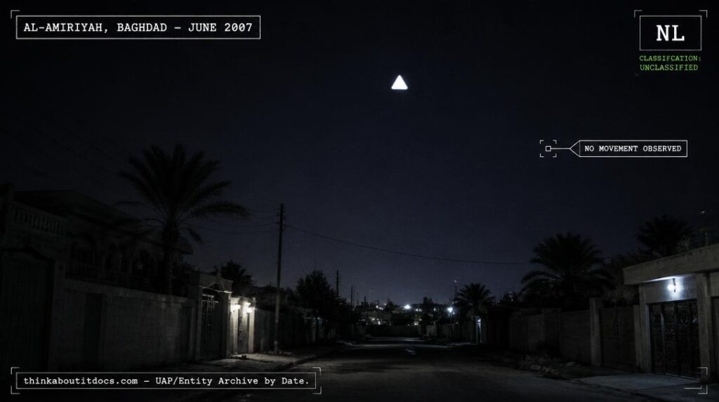 Illustration of the white, motionless triangular shape reported appearing and disappearing in the night sky over Al-Amiriyah, Baghdad, Iraq in June 2007