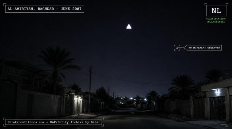Illustration of the white, motionless triangular shape reported appearing and disappearing in the night sky over Al-Amiriyah, Baghdad, Iraq in June 2007