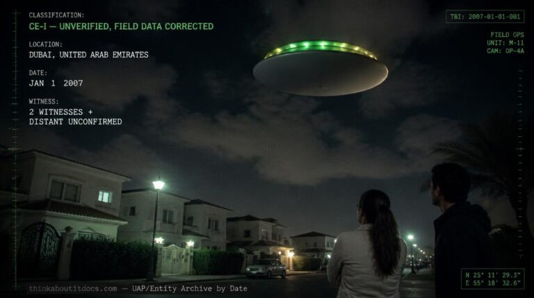 A disc-shaped object with green and yellow lights hovering over Dubai, United Arab Emirates at night, January 2007