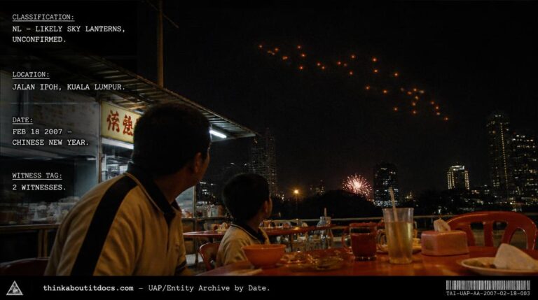 A cluster of thirteen orange glowing lights drifting in formation over Kuala Lumpur on Chinese New Year night, February 2007