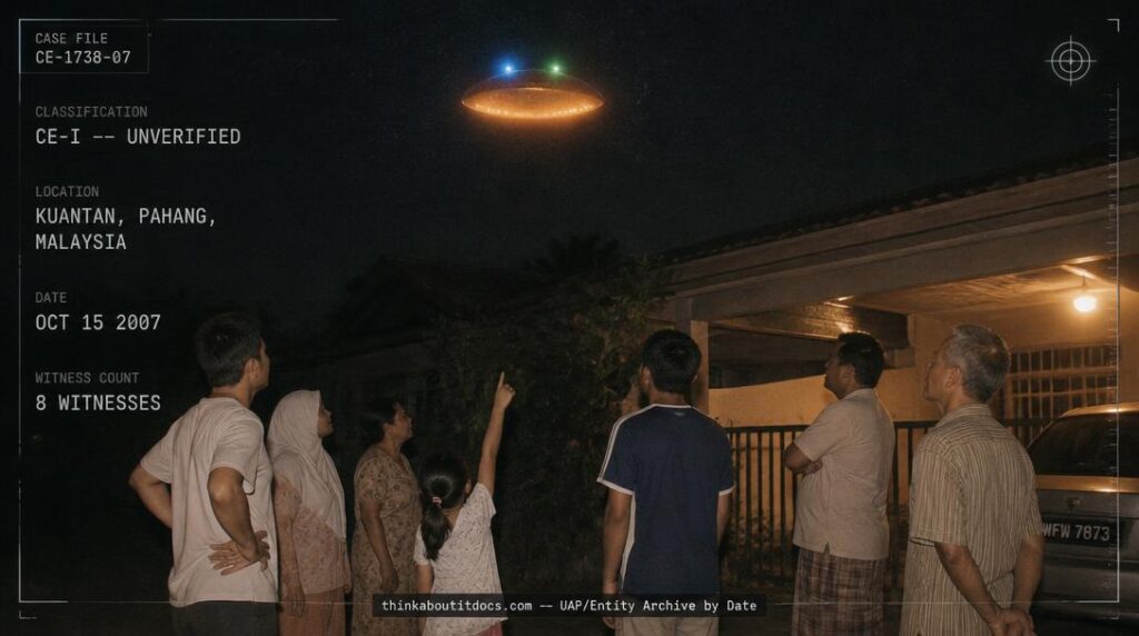 An orange, oval-shaped object with blue and green diamond-like lights hovering over a family gathering in Kuantan, Malaysia, October 2007