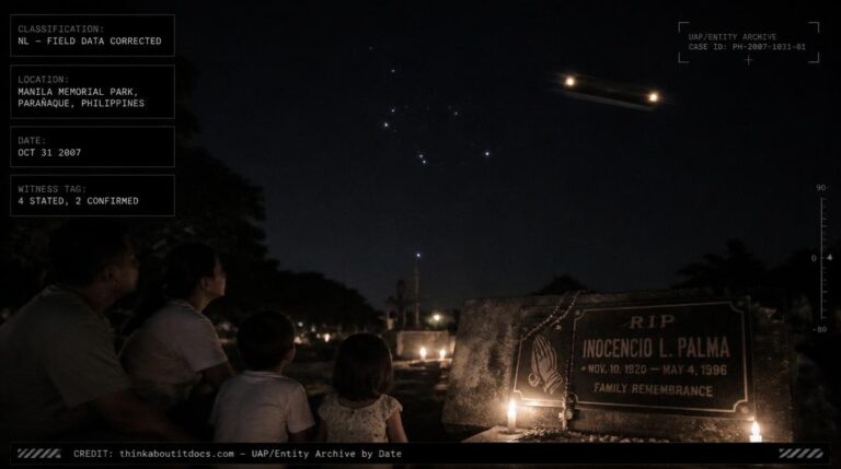 A rectangular object with lights on its front and rear streaking near Orion's constellation over Manila Memorial Park, Parañaque, October 2007
