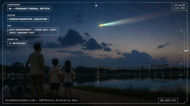 A comet-like object with a greenish-blue glow and yellow tail streaking over Pandan Reservoir, Singapore at dusk