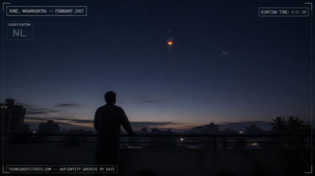 Illustration of the pulsating, orange-glowing spherical UFO reported descending over a terrace in Pune, Maharashtra, India at dawn in February 2007