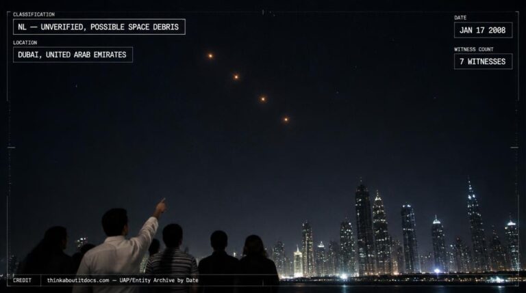 Four round, glowing orange objects crossing the night sky over Dubai at staggered altitudes, January 2008