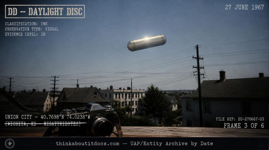 Dossier-style reconstruction of the June 27, 1967 capsule-shaped UFO sighting showing a brilliantly reflective silver cylindrical object with rounded ends passing above residential rooftops and telephone wires in Kodachrome-era color register with HUD classification stamps and geographic correction overlay