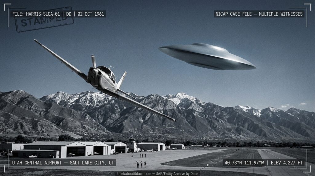 Reconstruction of the October 1961 Salt Lake City daylight disc sighting showing a Mooney Mark 20A aircraft approaching a featureless 50-foot aluminum-colored disc hovering over Utah Central Airport with ground observers visible below.