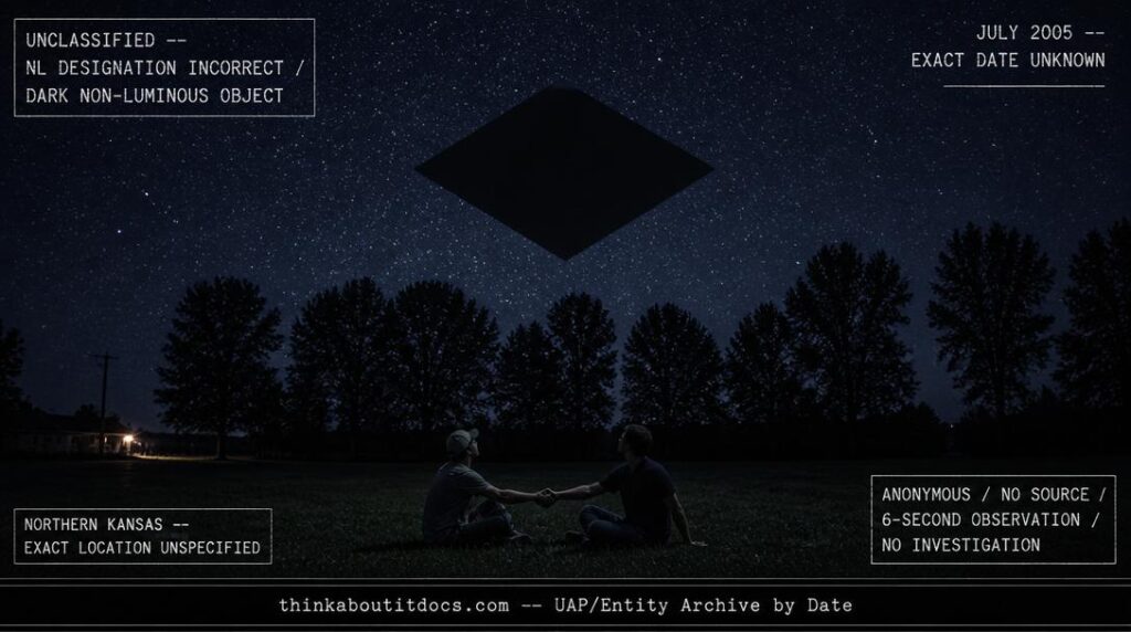 Dossier-style reconstruction of the July 2005 northern Kansas dark object sighting showing a large irregular diamond-shaped black silhouette blocking out stars as it passes just above a line of sixty-foot trees with two figures on the ground looking up and HUD stamps noting unclassified status and anonymous sourcing