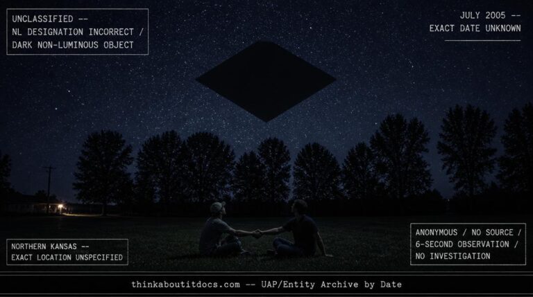 Dossier-style reconstruction of the July 2005 northern Kansas dark object sighting showing a large irregular diamond-shaped black silhouette blocking out stars as it passes just above a line of sixty-foot trees with two figures on the ground looking up and HUD stamps noting unclassified status and anonymous sourcing
