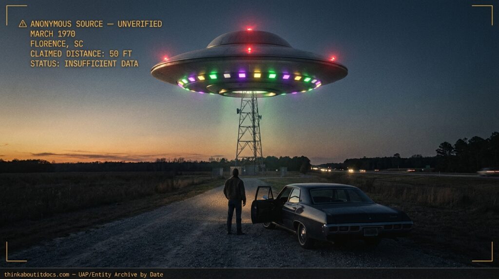Dossier-style illustration of a 100-foot metallic disc with colored perimeter lights hovering over a TV transmitting tower near Florence, South Carolina at dusk, March 1970, with a lone witness standing beneath it.