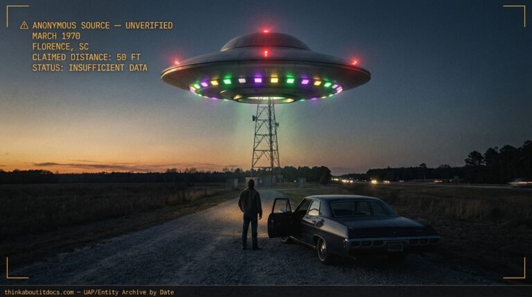 Dossier-style illustration of a 100-foot metallic disc with colored perimeter lights hovering over a TV transmitting tower near Florence, South Carolina at dusk, March 1970, with a lone witness standing beneath it.
