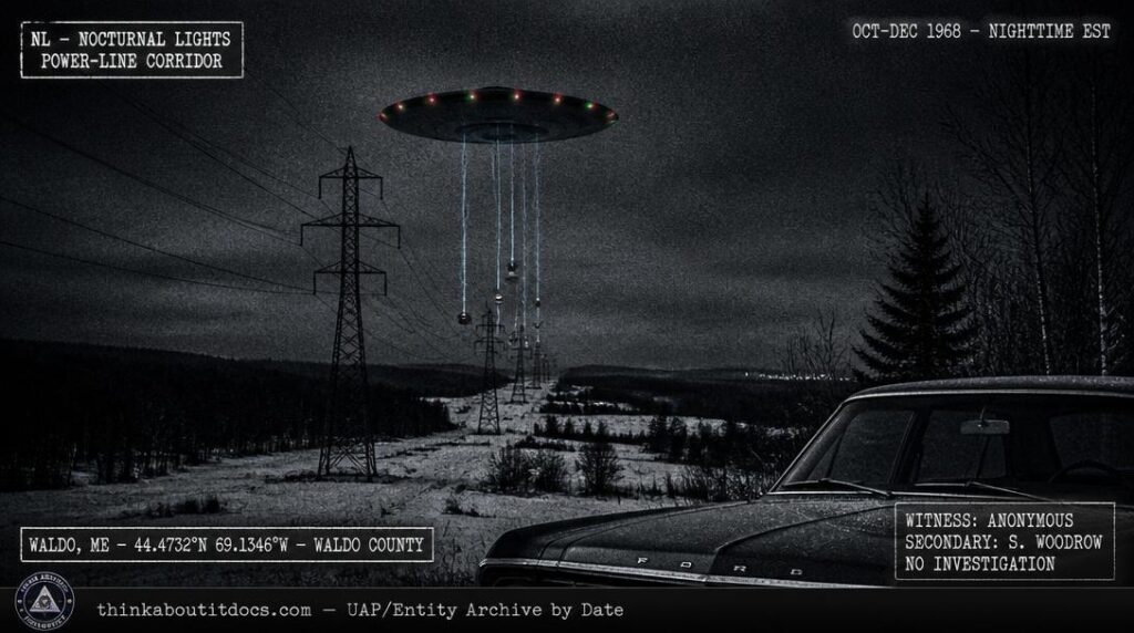 Dossier-style reconstruction of the 1968 Waldo Maine Tote Road sightings showing an elliptical craft with red and green lights hovering above high-tension power lines with smaller objects descending on electric blue-white thread-trails toward the lines and the hood of a 1960s Ford sedan in the foreground with heavy grain and HUD classification stamps