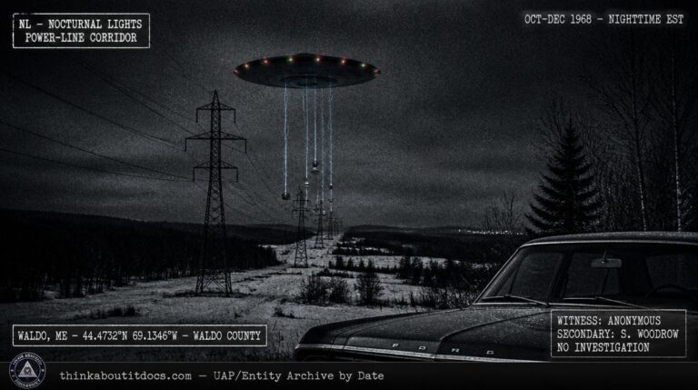 Dossier-style reconstruction of the 1968 Waldo Maine Tote Road sightings showing an elliptical craft with red and green lights hovering above high-tension power lines with smaller objects descending on electric blue-white thread-trails toward the lines and the hood of a 1960s Ford sedan in the foreground with heavy grain and HUD classification stamps